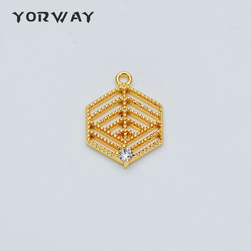 10pcs CZ Paved Filigree Charms 18x13mm Real Plated Brass Hexagon Pendants