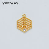 10pcs CZ Paved Filigree Charms 18x13mm Real Plated Brass Hexagon Pendants