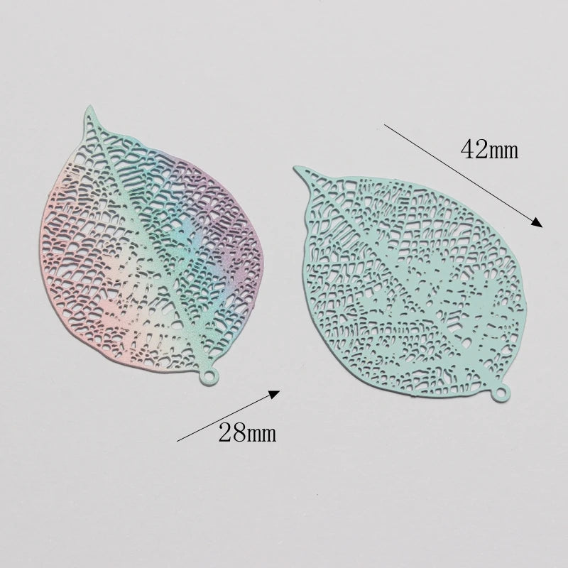 10pcs Gradient Rainbow Copper Hollow Leaf Charms Pendant DIY Jewelry Earring