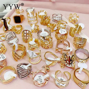 10pcs Rhinestone Titanium Steel Ring Set Mix 50 Styles Geometric Joint Rings