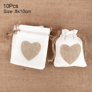 10pcs Love Heart Jute Drawstring Bags Burlap Bag Xmas Birthday Party Decor