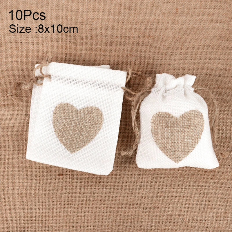 10pcs Love Heart Jute Drawstring Bags Burlap Bag Xmas Birthday Party Decor