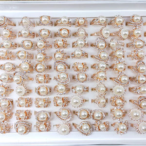 10pcs Pearl Crystal Rings for Women Bridal Wedding Zircon Ring Party Jewelry