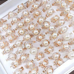 10pcs Pearl Crystal Rings for Women Bridal Wedding Zircon Ring Party Jewelry