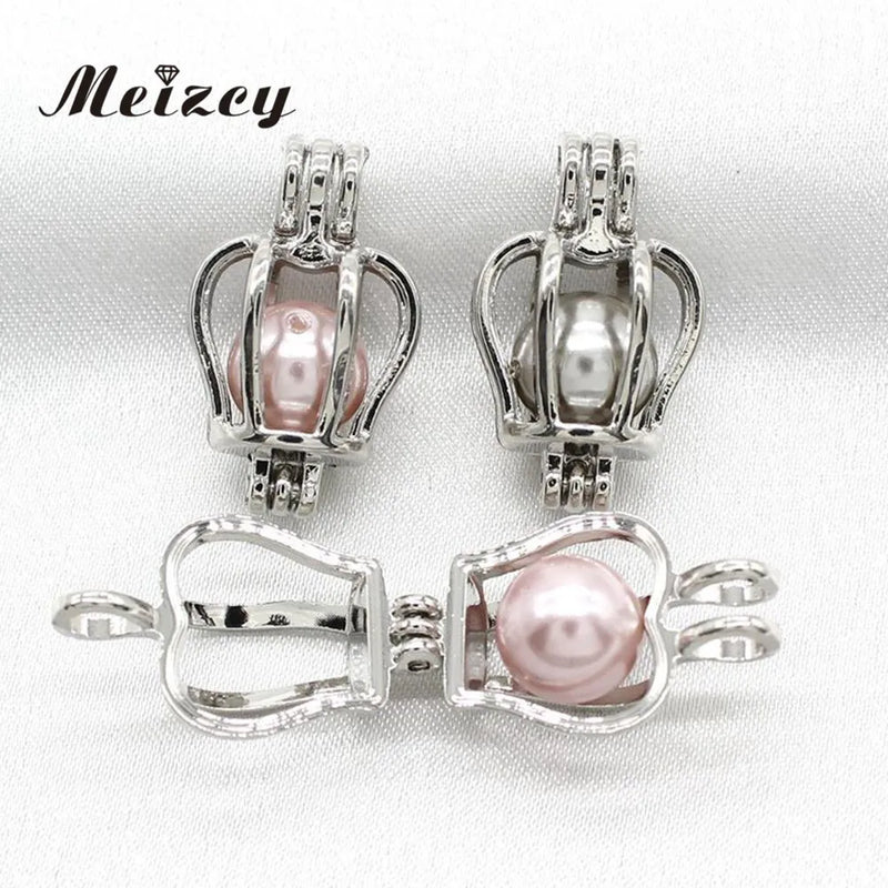 10 Mini Crown Pearl Cage Silver Plated Diffuser Pendants for Necklace Making