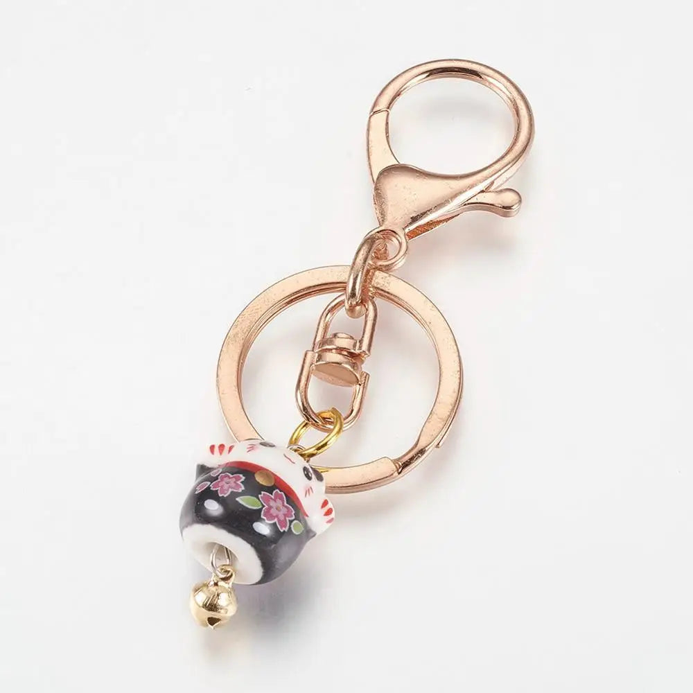 10pcs Mixed Fortune Cat Porcelain Keychain w/ Alloy Lobster Clasps