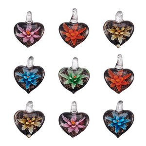 10pcs Mixed Lampwork Glass Pendants Inner Flower Heart Charm for Necklace