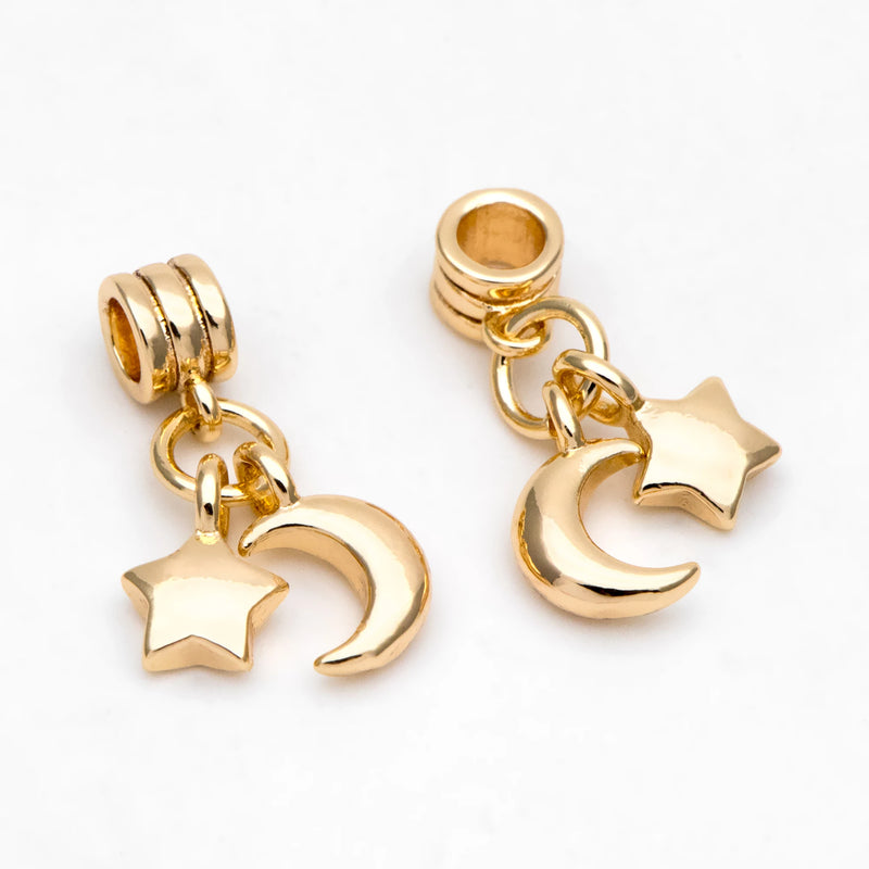 10pcs Moon Star Bracelet Charms, 18K Plated Brass