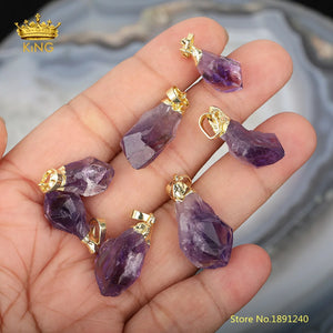 10pcs Purple Quartz Nugget Pendants, Silver Caps, Amethysts Charms