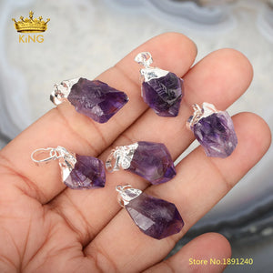 10pcs Purple Quartz Nugget Pendants, Silver Caps, Amethysts Charms