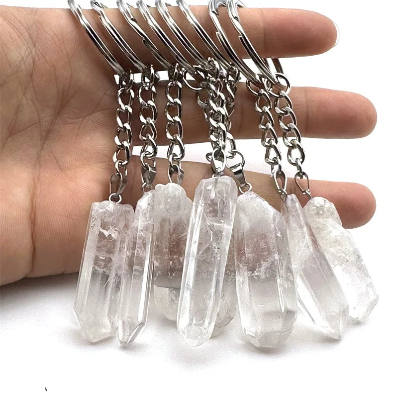 10pcs Raw Stone Crystal Pillar Pendant Keychain Charms