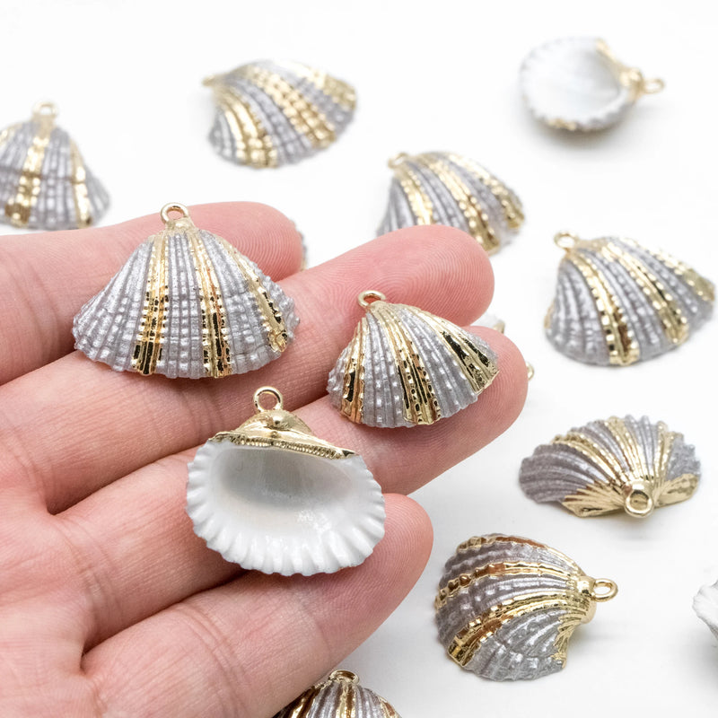 10pcs Plated Shell Pendants, Grey Striped Pattern