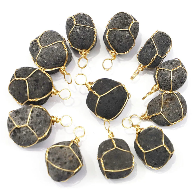 10pcs Natural Volcanic Stone Necklace Pendants Golden Winding Irregular Charms