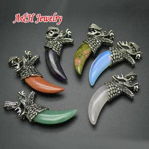 10pcs Natural Stone Dragon Teeth Pendant Mixed Ancient Silver Necklace Pendants