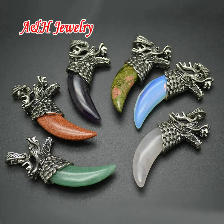 10pcs Natural Stone Dragon Teeth Pendant Mixed Ancient Silver Necklace Pendants