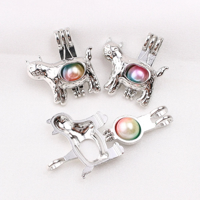 10pcs Cat Oyster Pearl Cage Pendant - Silver Plated Locket
