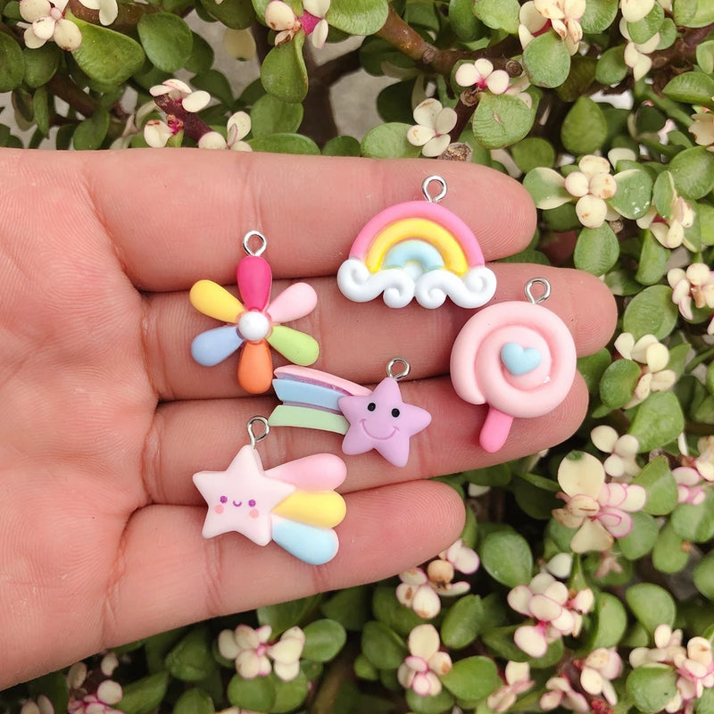 10pcs Rainbow Flower Resin Earring Charms Key Chain Necklace Pendant