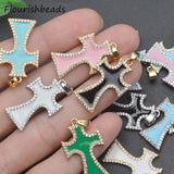 10pcs Cross Necklace Pendants, Colorful Enamel CZ Pave, Silver Plated, Big Size