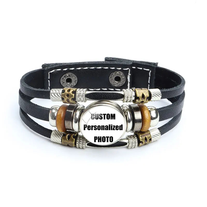 10pcs Custom Photo Leather Bracelet 18MM Logo Baby Mom Dad Grandparent Lover