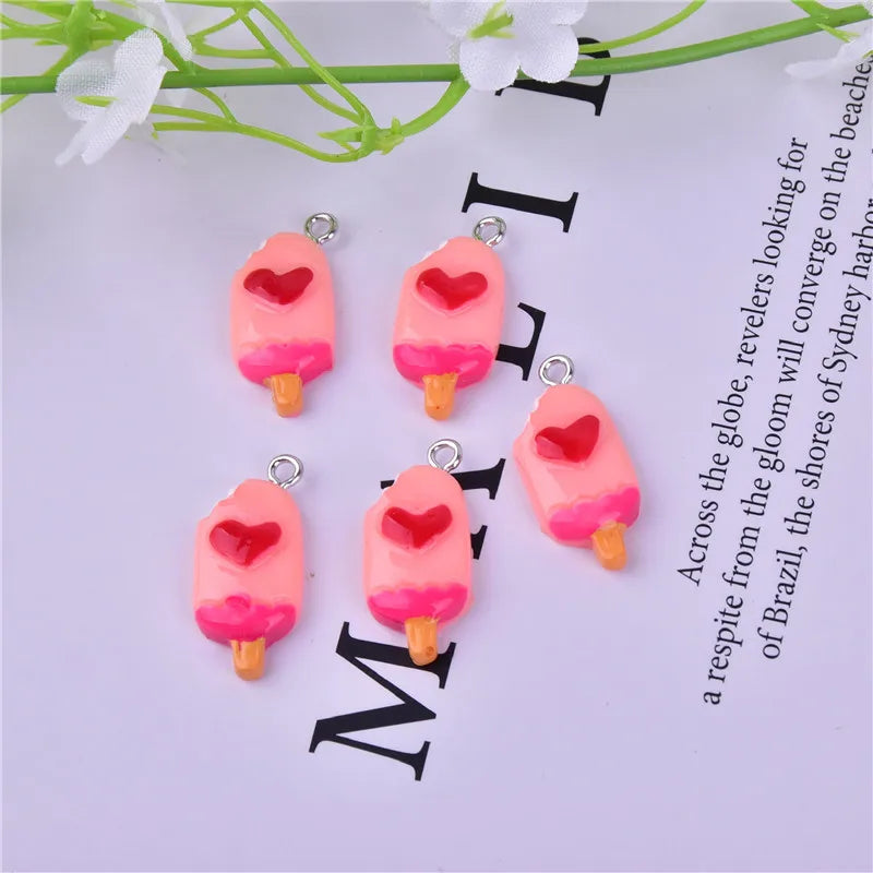 10pcs Pink Heart Ice Popsicle Resin Charms Pendant DIY Jewelry Making