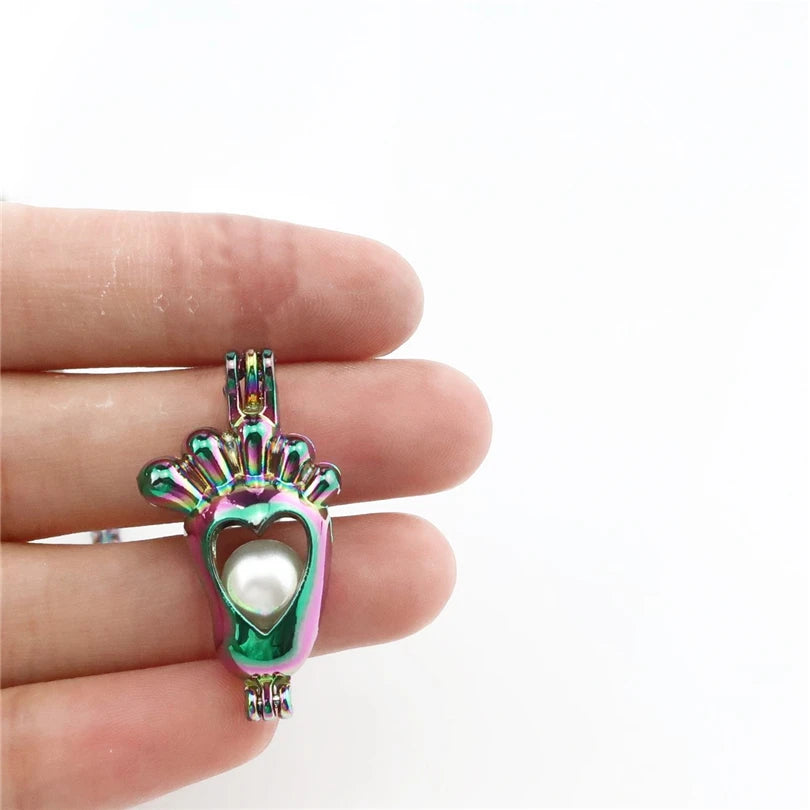10pcs Rainbow Charms Foot Pearl Cage Locket Aromatherapy Diffuser Pendant