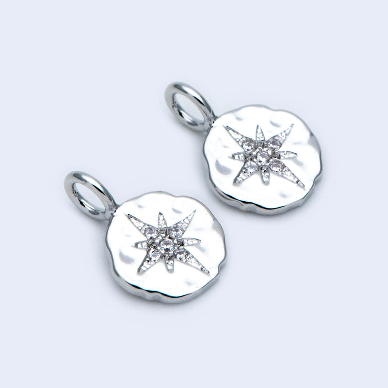 10pcs Rhodium North Star Charms 15x10mm, CZ Paved Disc Pendants