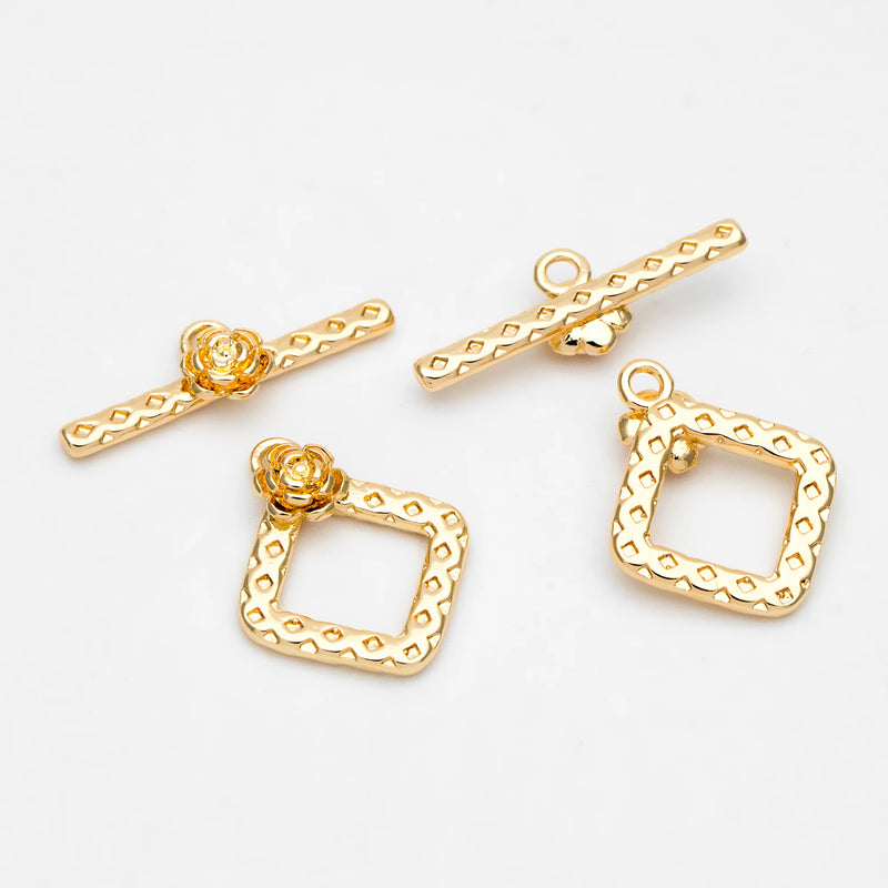 10pcs Rhombus Flower Toggle Clasp, 18K Plated Jewelry Clasp