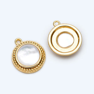 10pcs 14x11mm Shell Paved Round Charms, 18K Plated Brass Disk Pendants