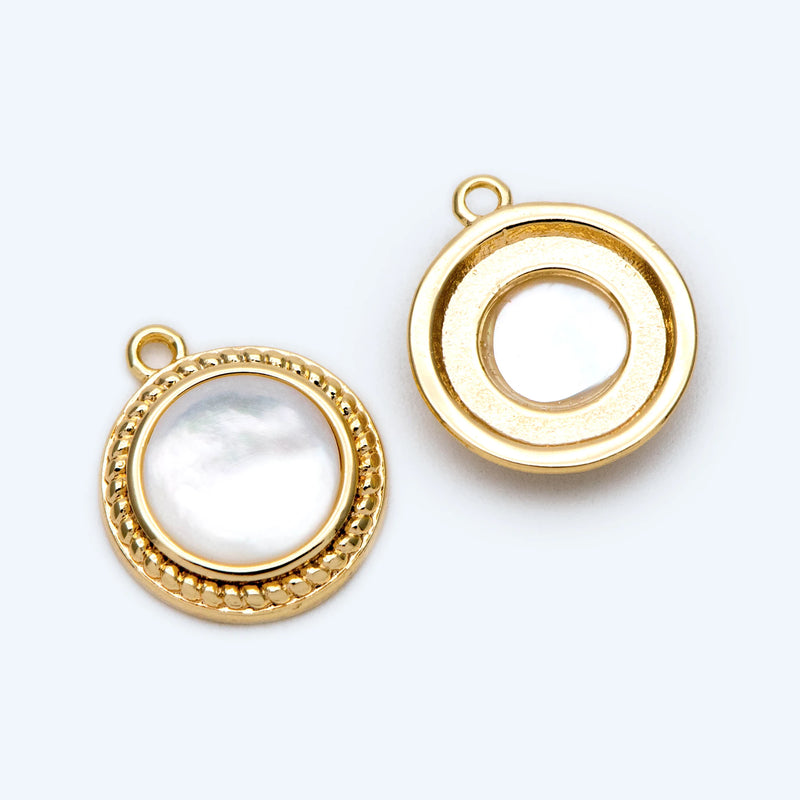 10pcs 14x11mm Shell Paved Round Charms, 18K Plated Brass Disk Pendants