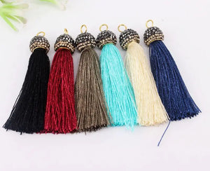 10pcs Mix Color Silk Tassels with Pave Crystal Caps for Jewelry Making