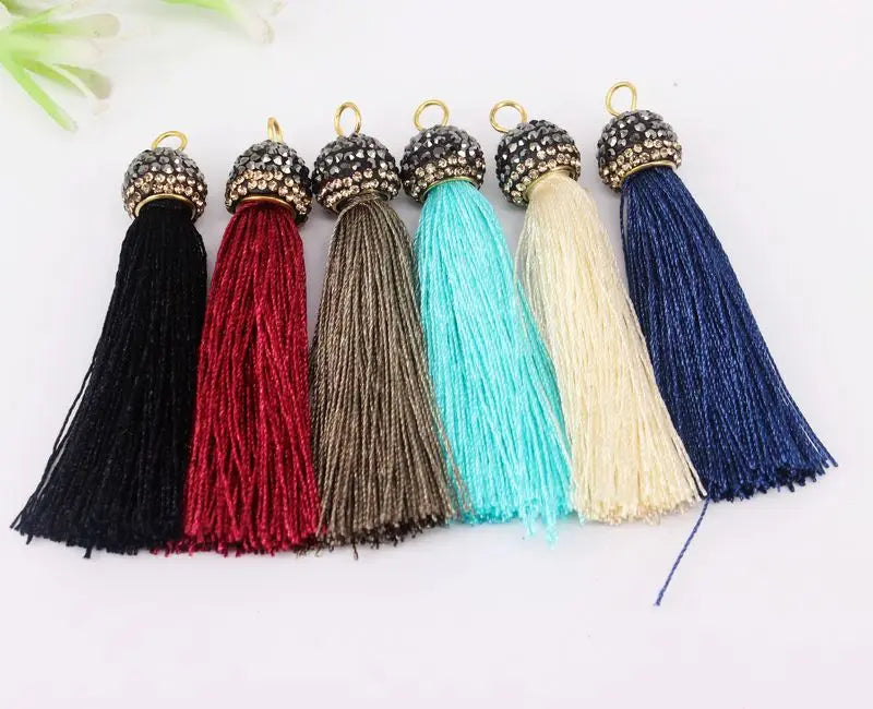 10pcs Mix Color Silk Tassels with Pave Crystal Caps for Jewelry Making
