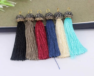 10pcs Mix Color Silk Tassels with Pave Crystal Caps for Jewelry Making