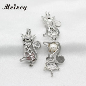 10pcs Silver Cat Pearl Cage Locket Pendant for Essential Oil Necklace