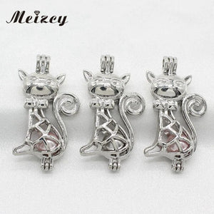 10pcs Silver Cat Pearl Cage Locket Pendant for Essential Oil Necklace