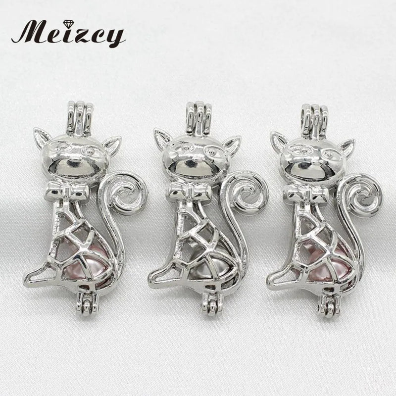 10pcs Silver Cat Pearl Cage Locket Pendant for Essential Oil Necklace