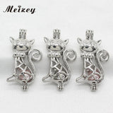 10pcs Silver Cat Pearl Cage Locket Pendant for Essential Oil Necklace