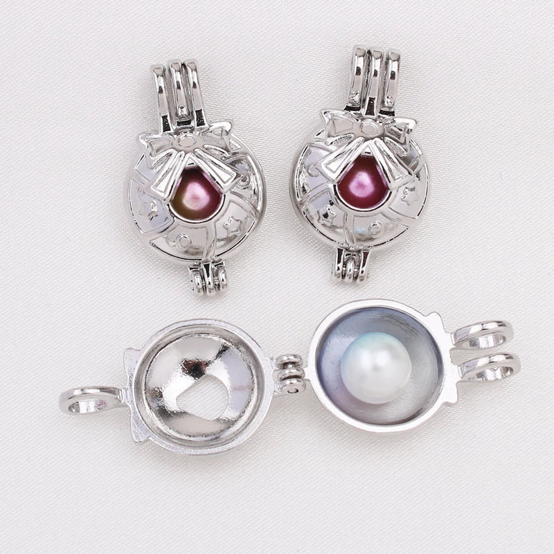 10pcs Silver Jingle Bell Bowknot Pearl Cage Pendant Oil Diffuser Necklace