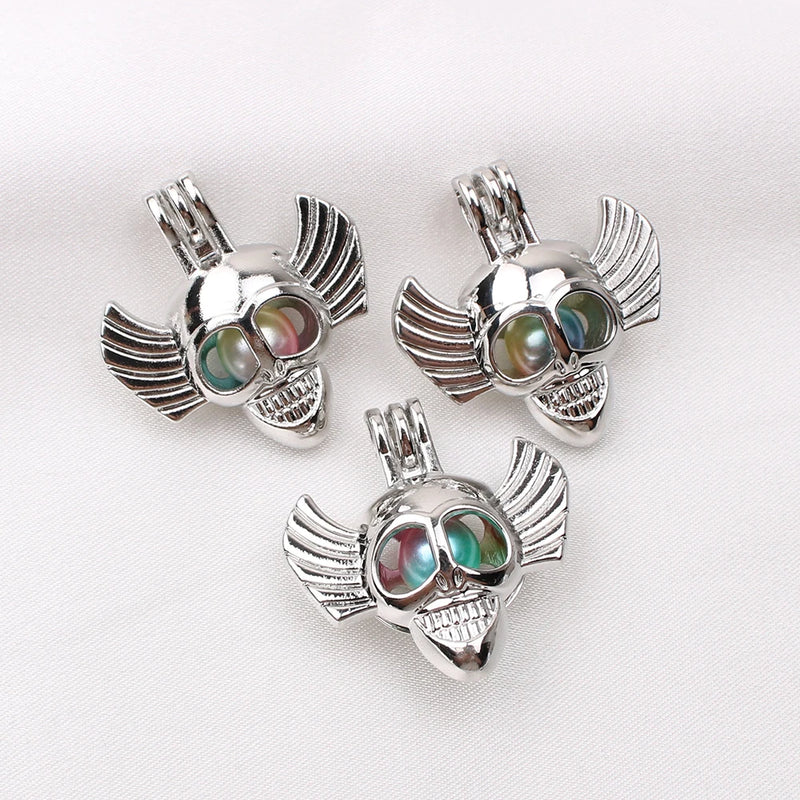 10pcs Silver Plated Skull Head Pearl Cage Pendant for Perfume Necklace