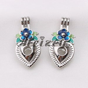 10pcs Heart Shape Silver Plated Flower Pearl Cage Charms