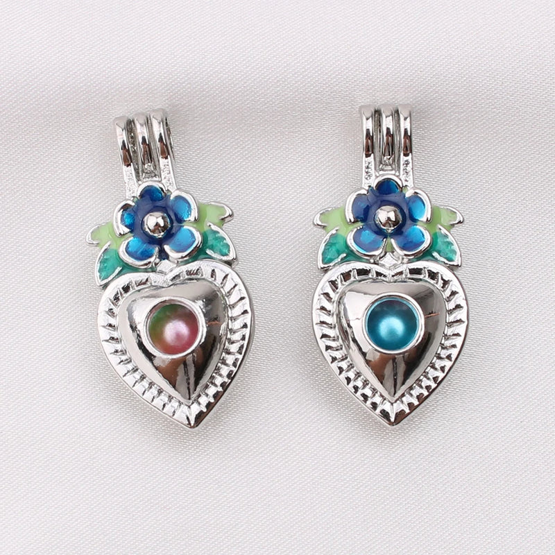 10pcs Heart Shape Silver Plated Flower Pearl Cage Charms