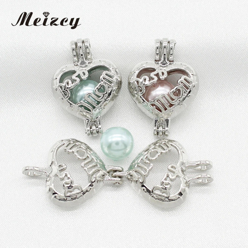 10pcs Silver Plated Heart Mom Pearl Cage Bead Locket Pendants