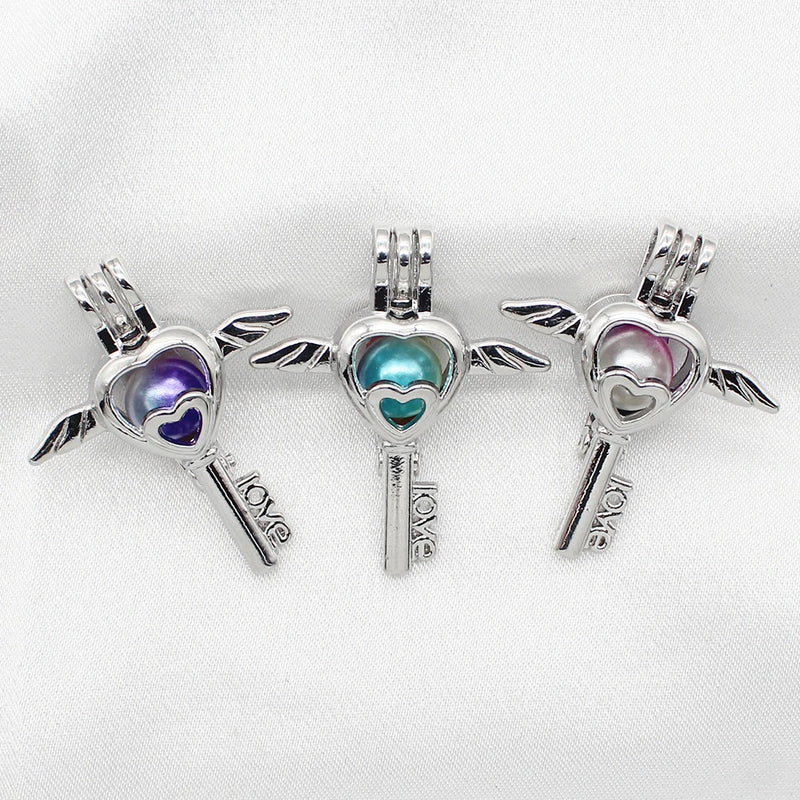 10pcs Silver Love Wing Heart Key Pearl Cage Oil Diffuser Bead Locket Pendant