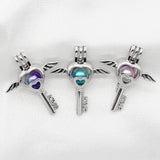 10pcs Silver Love Wing Heart Key Pearl Cage Oil Diffuser Bead Locket Pendant