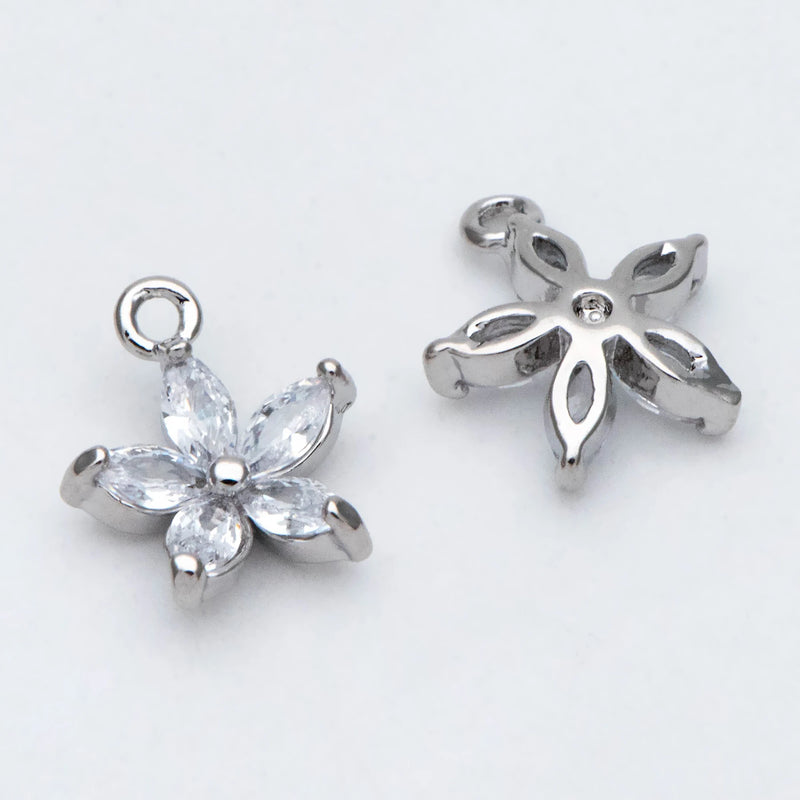 10pcs CZ Flower Charm Pendants 10x9mm, Rhodium Plated, Jewelry Supply