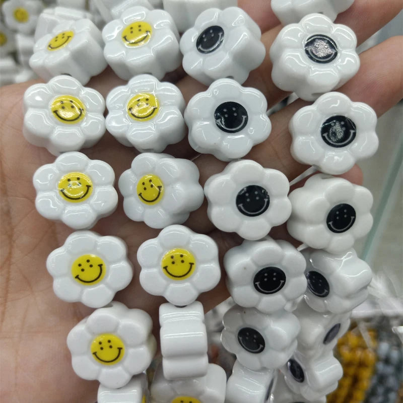 10pcs Smile Face Sun Flower Ceramic Beads 16x18mm Yellow White/Black