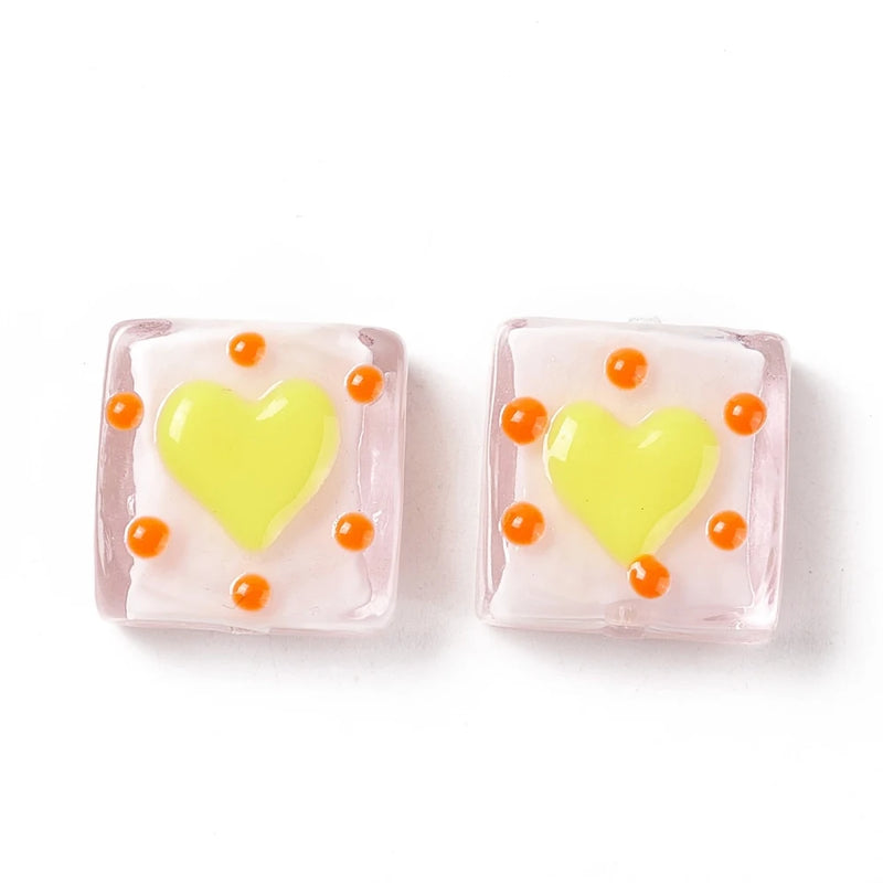 10pcs Square Lampwork Beads with Heart Pattern For Jewelry DIY Making