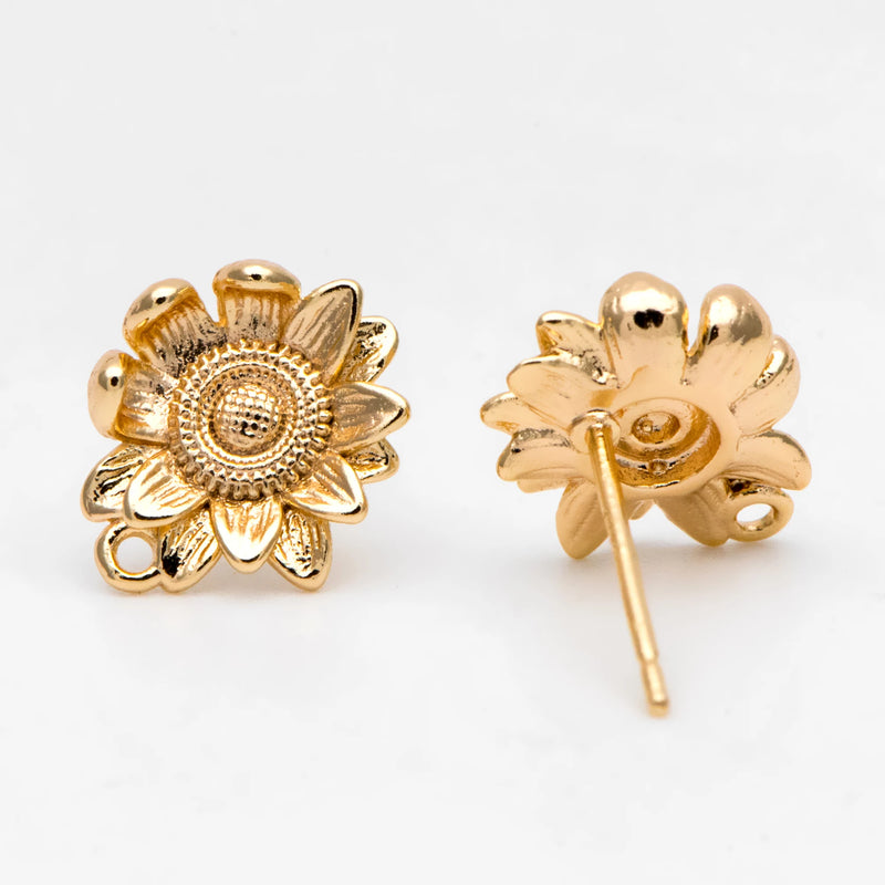 10pcs Sunflower Earring Posts Plated Brass Floral Stud Earring with Loop