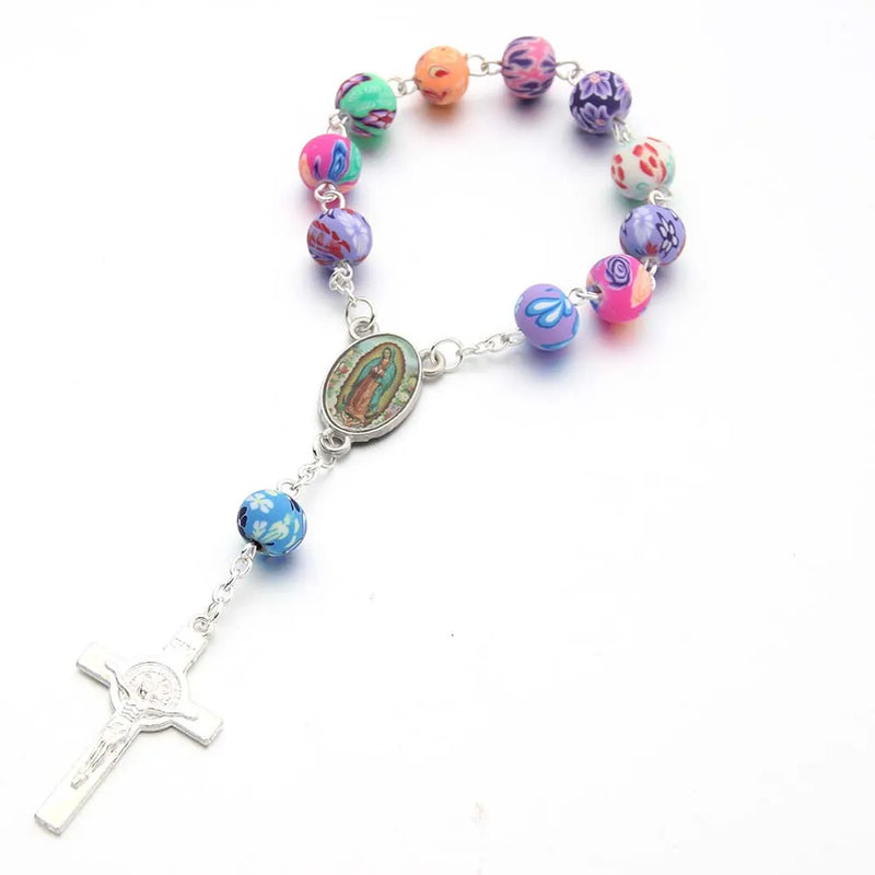 Colorized Beads Catholic Rosary Bracelet Women Religious Jesus Crucifix