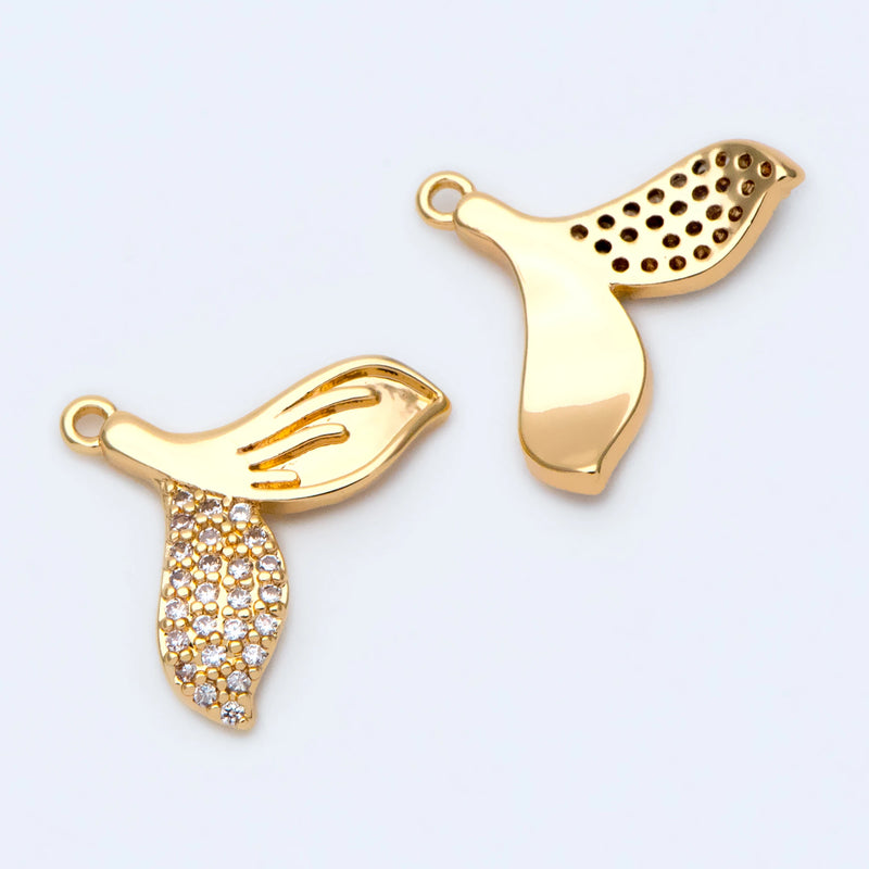 10pcs Whale Tail Charms, Brass, CZ Micro Paved Pendants for Jewelry DIY