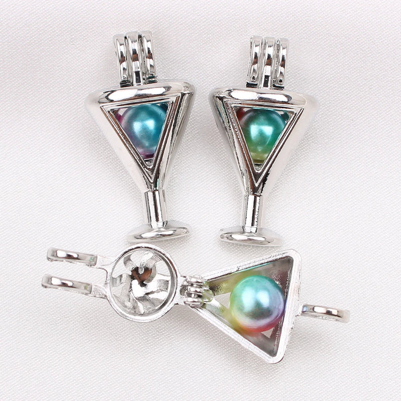 10pcs Pearl Cage Silver Plated Wine Goblet Locket Pendants